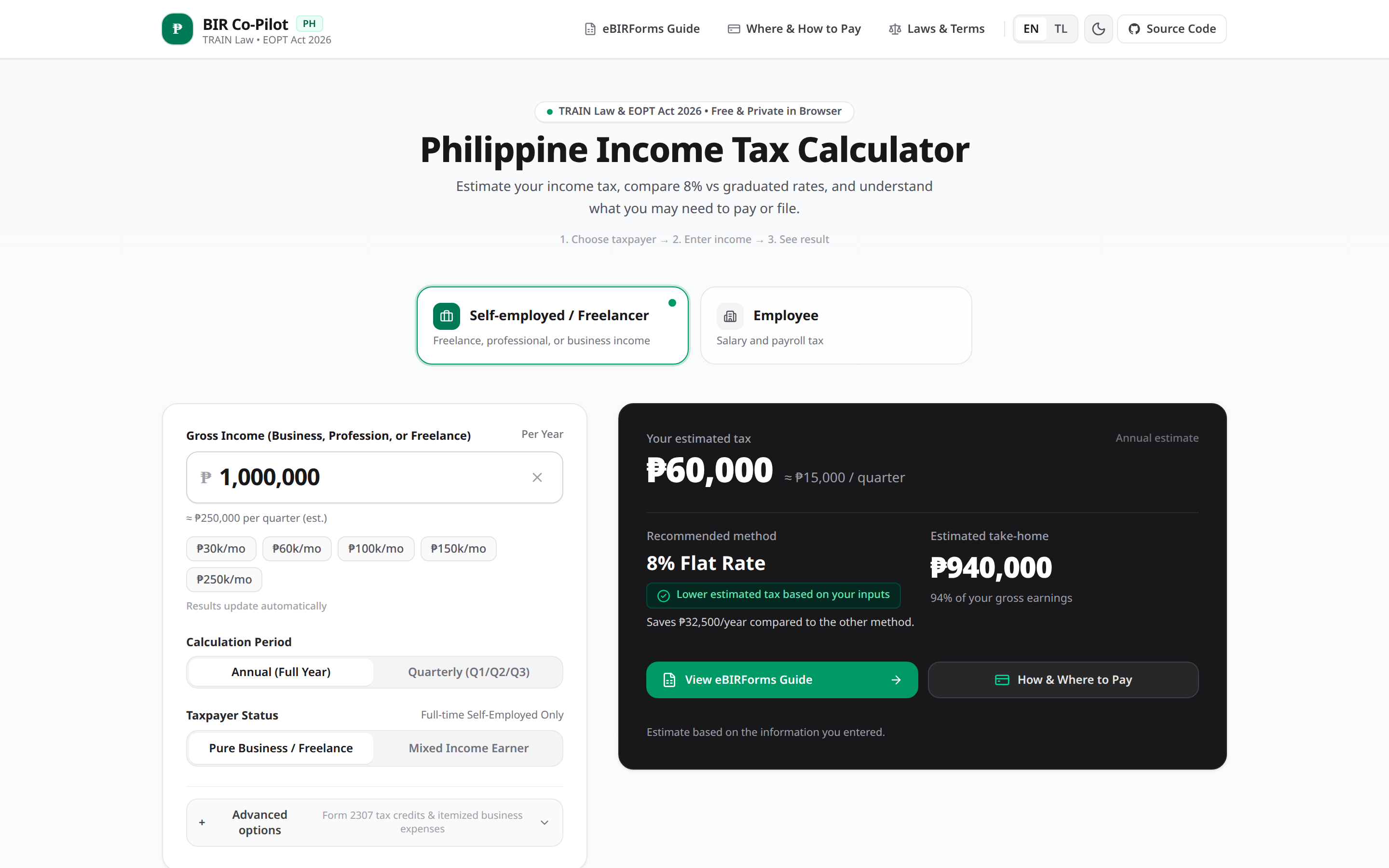 BIR Co-Pilot light mode calculator screenshot